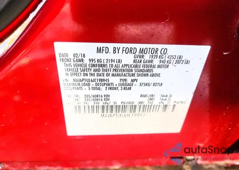 2018 Ford Ecosport Se z USA, uszkodzony, nr VIN MAJ6P1UL6JC198945